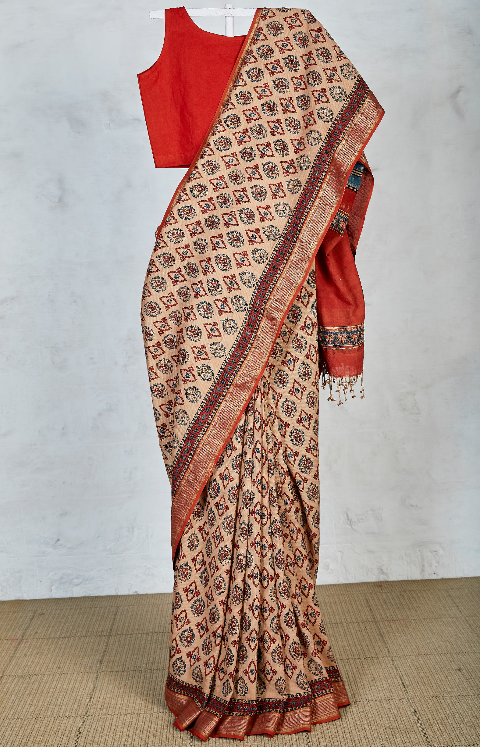Beige & Red, Handwoven Organic Cotton, Textured Weave , Natural dye, Hand block printed, Occasion Wear, Jari, Ajrakh Saree